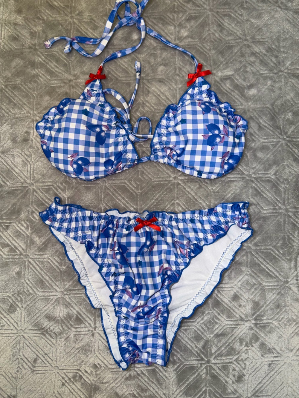SHEIN Blue White Gingham Floral Ruffle Bikini Set